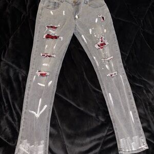 ROMWE Gray Skinny Distressed Jeans with red accent design